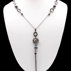 Lia Sophia Long Black Chain Bead
Necklace with Rhinestone and Fringe Pendant